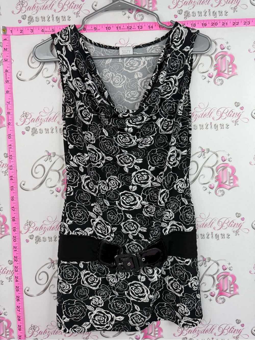 Suzy Shier y2k top Black and White Rose Print Sleeveless Cowl Neck Top